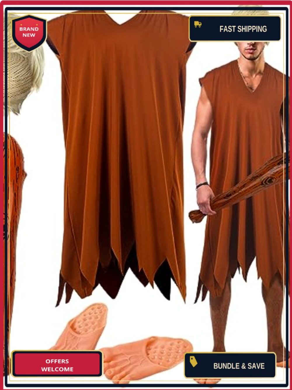 Men Caveman Costume Set 4 Pc Tunic Wig Slippers Inflatable Bat Halloween